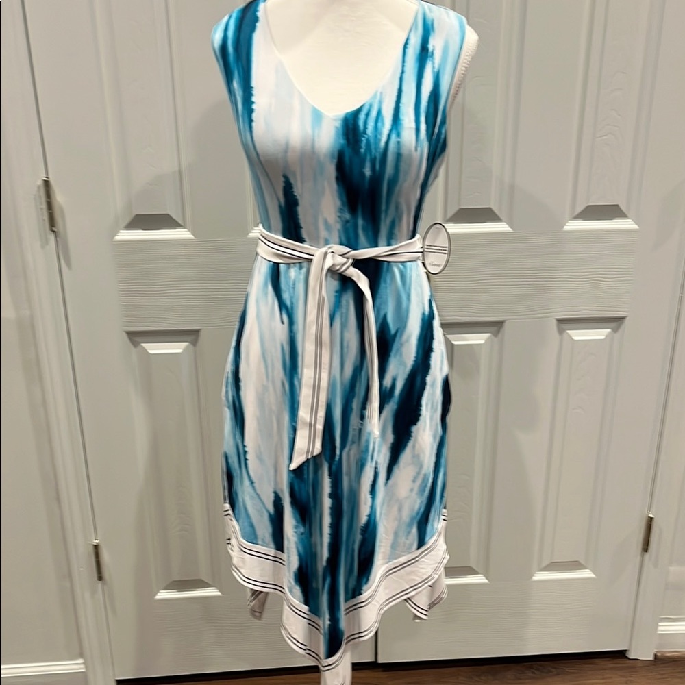 NWT XS Soma Teal and White Asymmetrical handkerchief hem Sundress